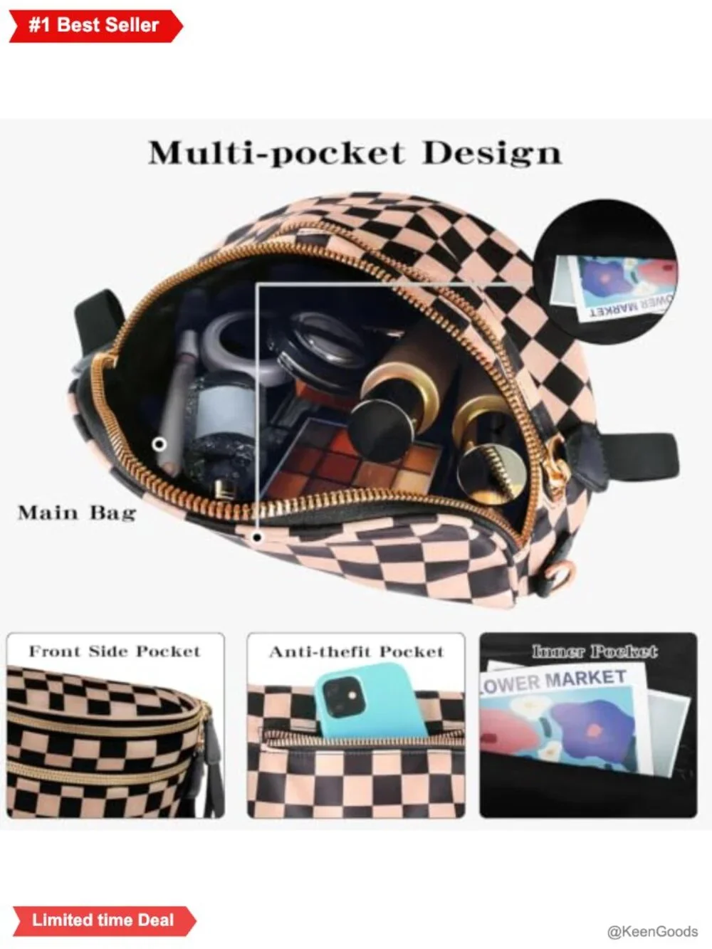Nylon Crossbody Bum Bag Spacious Fanny Pack Adjustable Strap 3-in-1